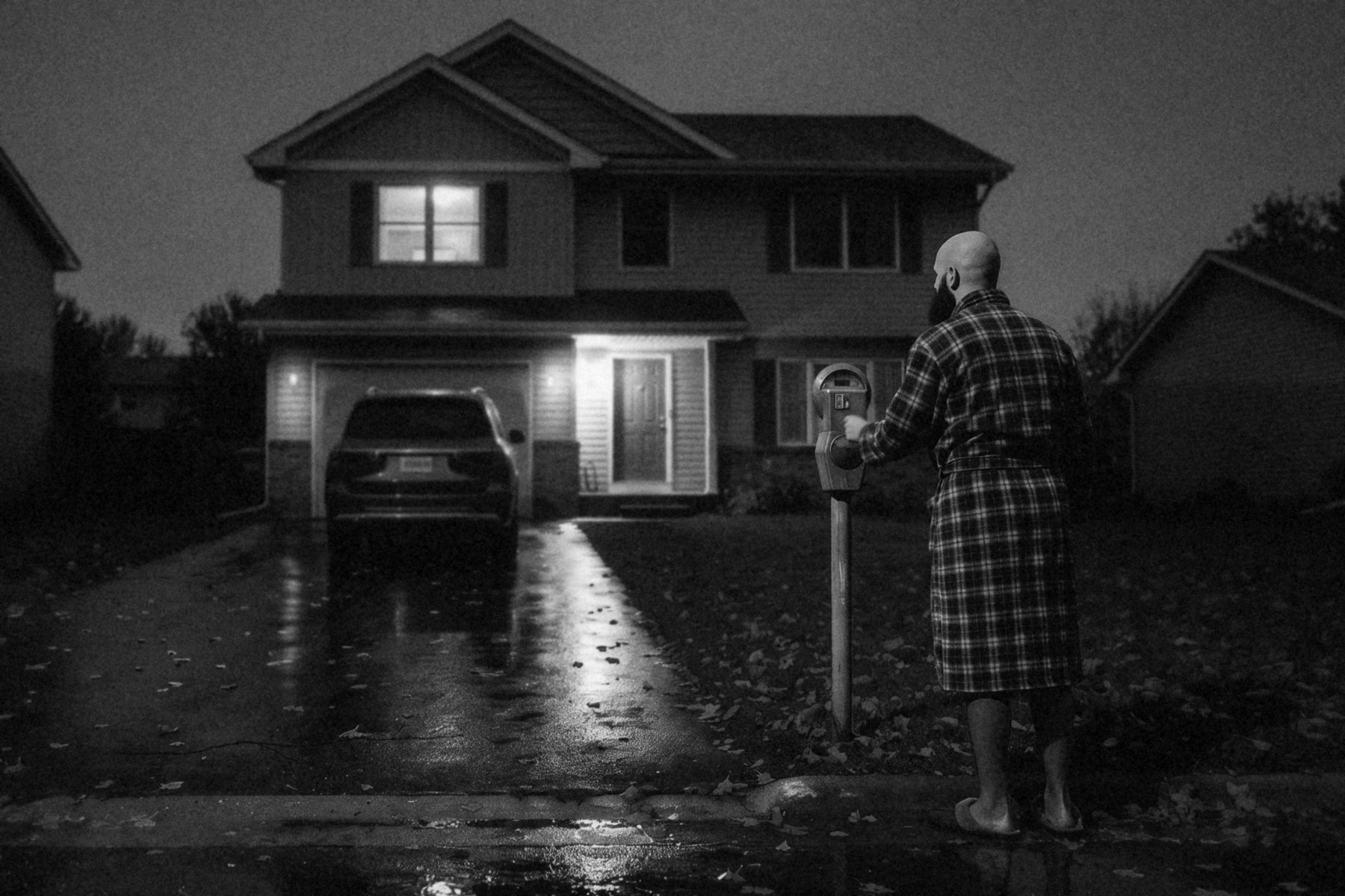 A man in a bathrobe and slippers feeds a parking meter planted in his own driveway at dusk.